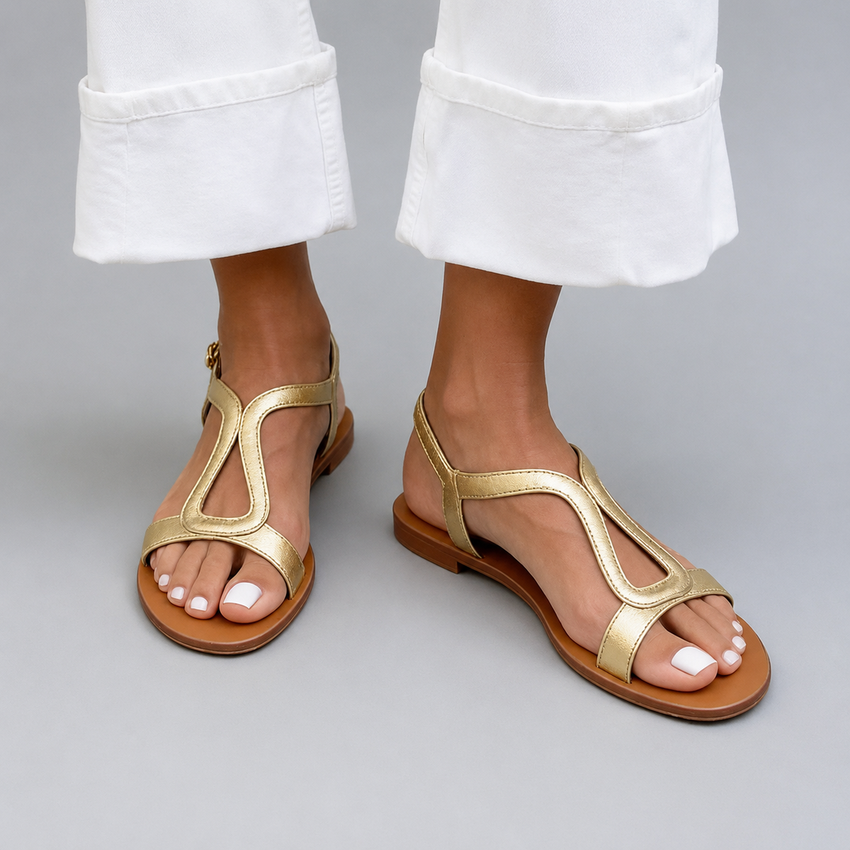 Women's T-Strap Sandals – Flat, Buckle Closure