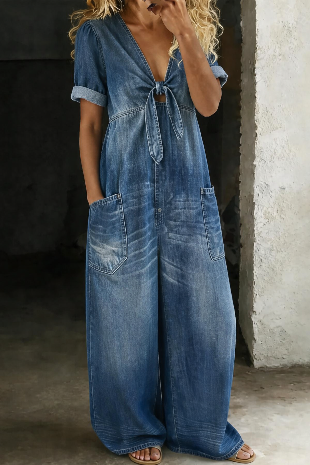 Women's Denim Jumpsuit with V Neck and Front Tie