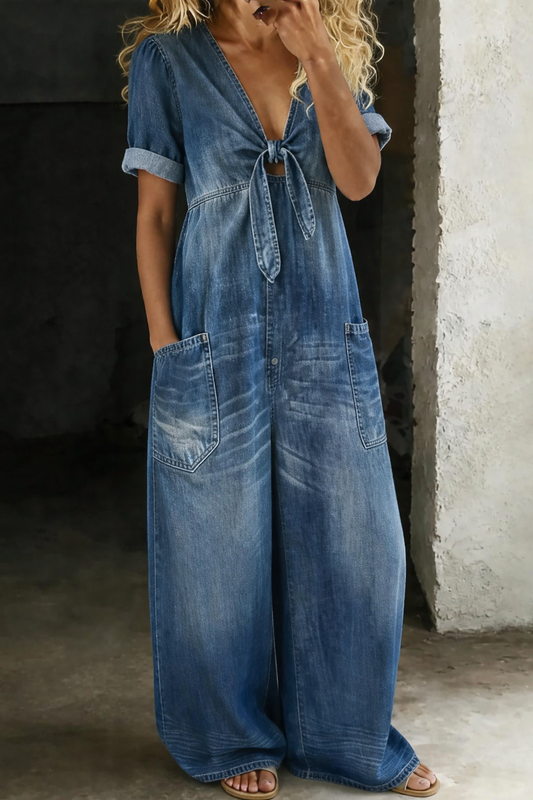 Women's Denim Jumpsuit with V Neck and Front Tie