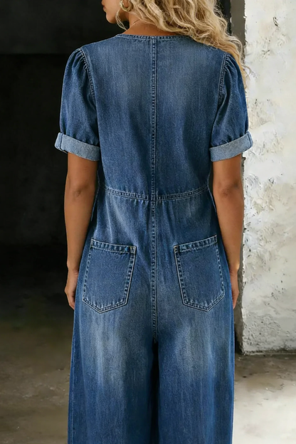 Women's Denim Jumpsuit with V Neck and Front Tie