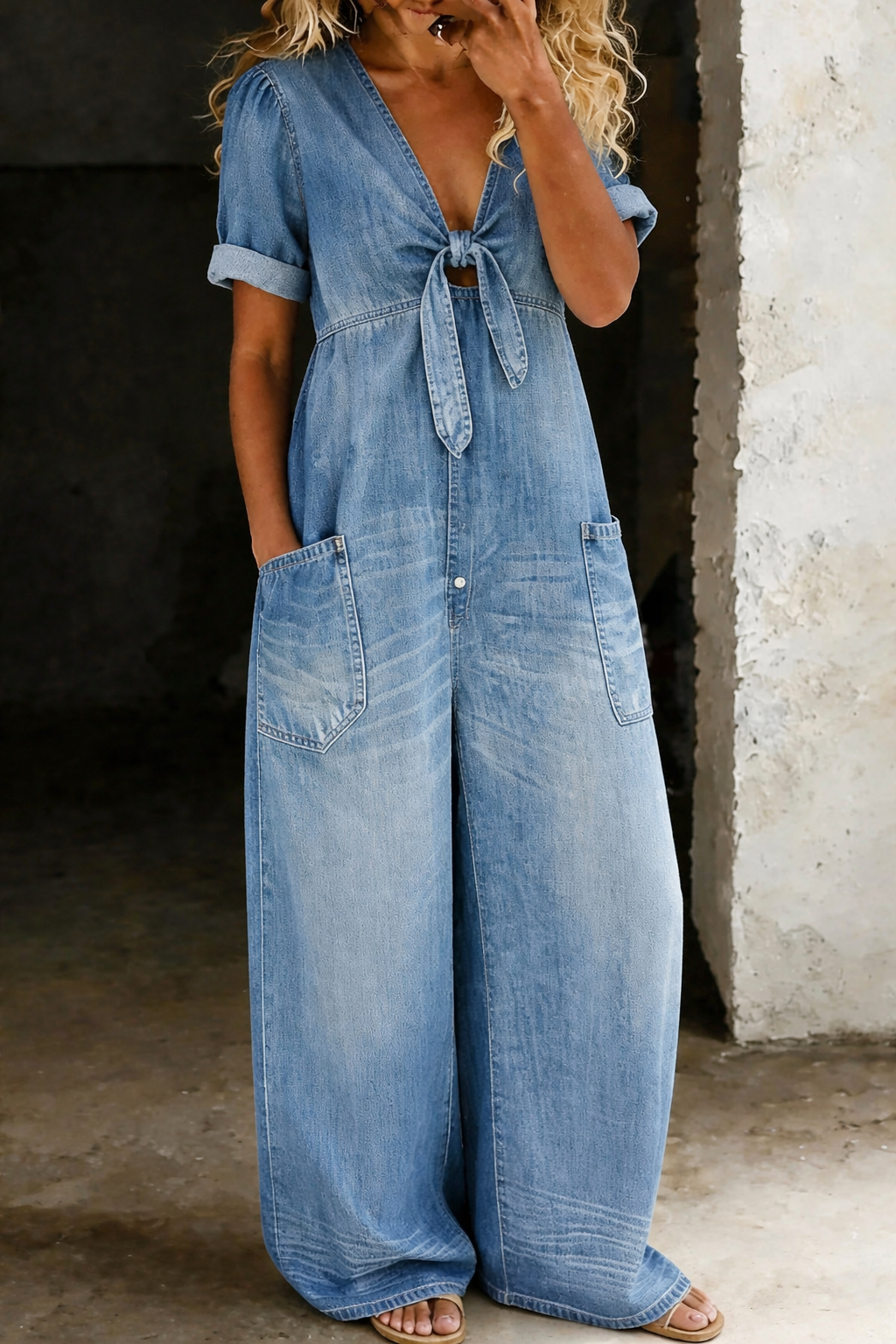 Women's Denim Jumpsuit with V Neck and Front Tie