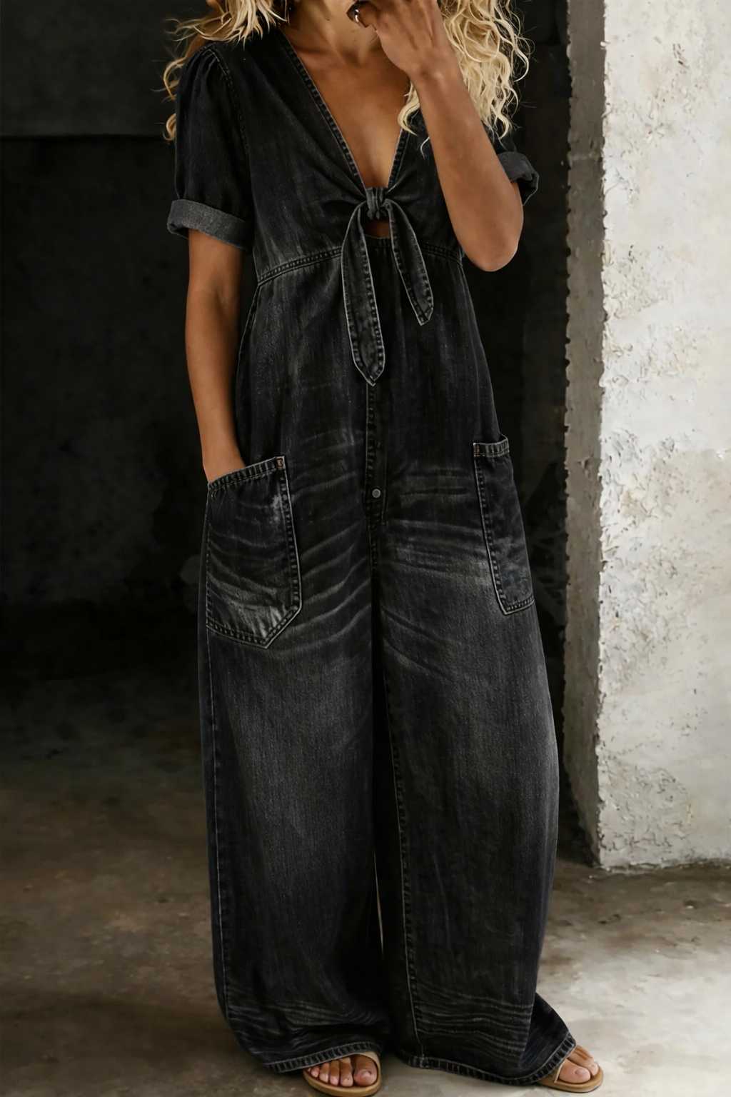 Women's Denim Jumpsuit with V Neck and Front Tie