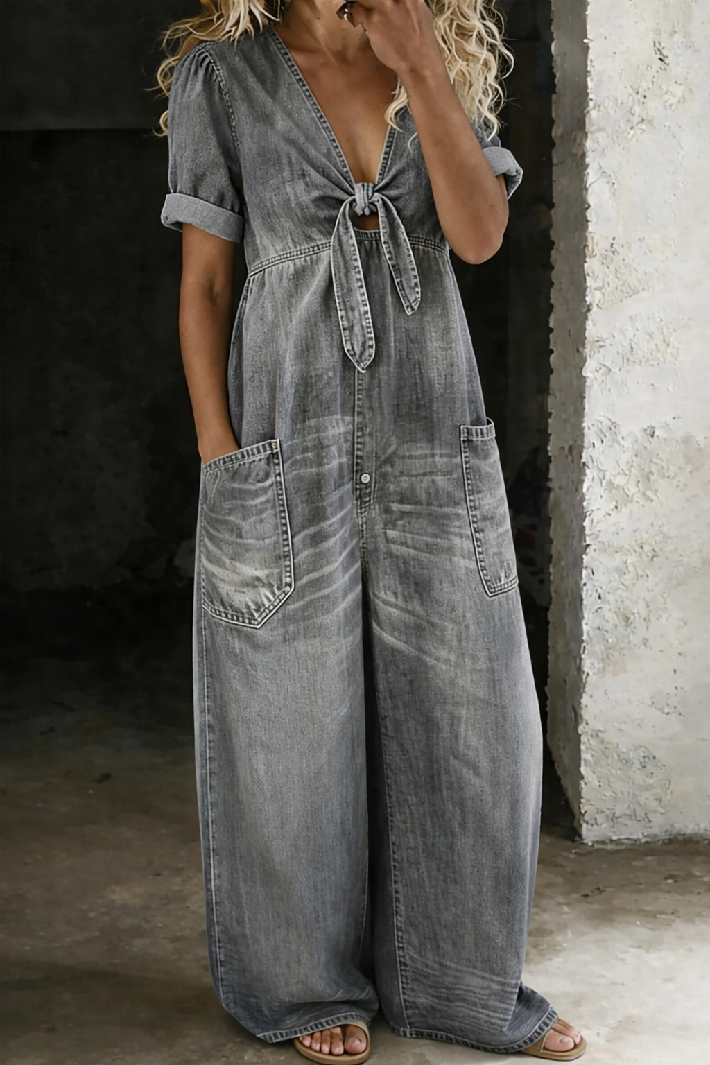 Women's Denim Jumpsuit with V Neck and Front Tie