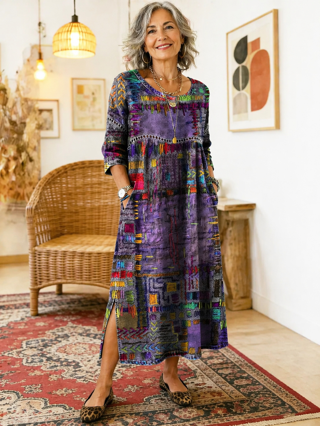 Women's Patchwork Midi Dress with 3/4 Sleeves
