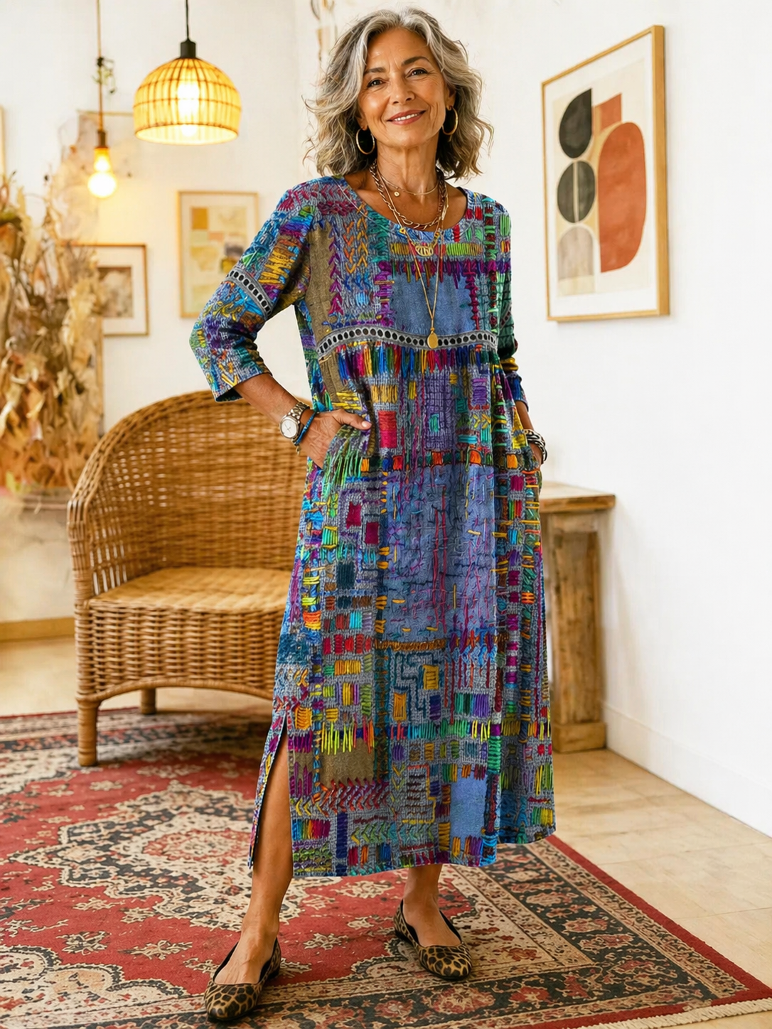 Women's Patchwork Midi Dress with 3/4 Sleeves