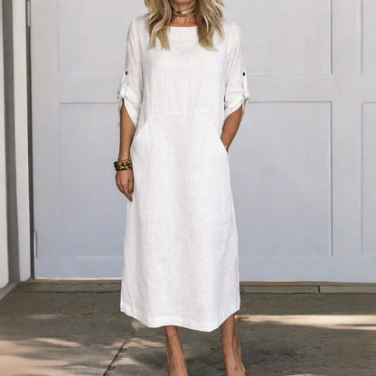 Women's Linen Midi Dress with Pockets and Roll-Tab Sleeves