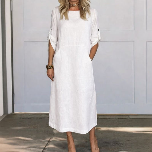 Women's Linen Midi Dress with Pockets and Roll-Tab Sleeves