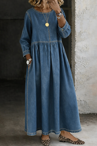 Women's Round Neck Denim Maxi Dress with Pockets