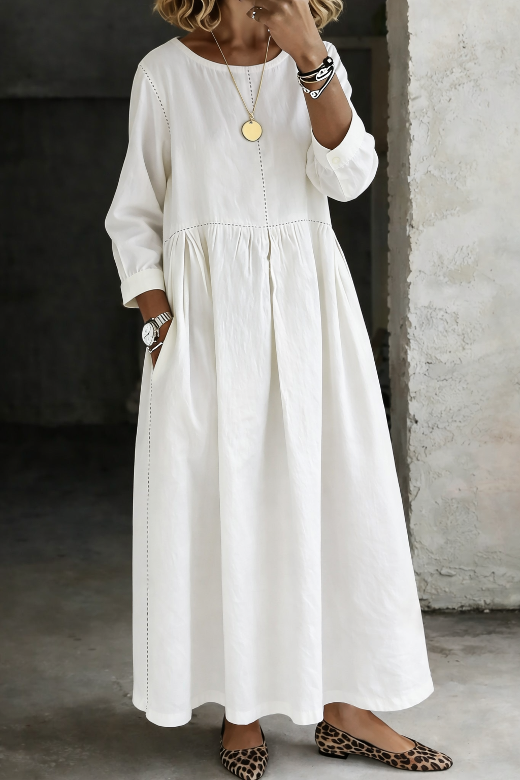 Women's Round Neck Denim Maxi Dress with Pockets