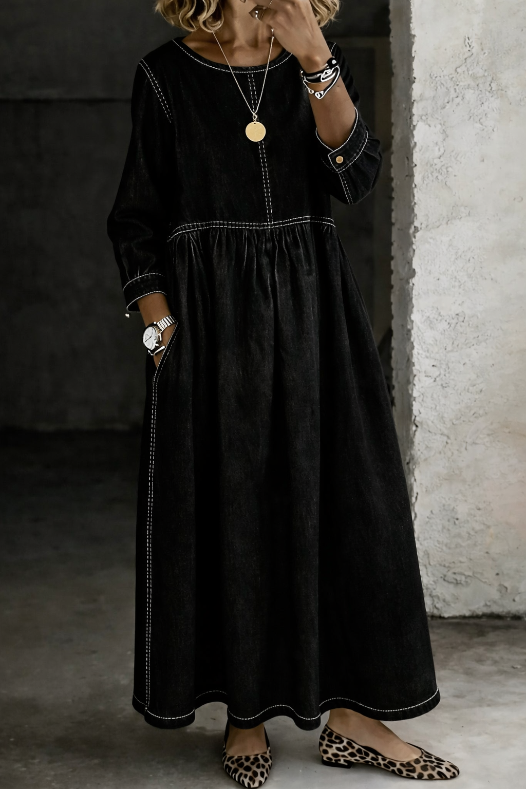 Women's Round Neck Denim Maxi Dress with Pockets