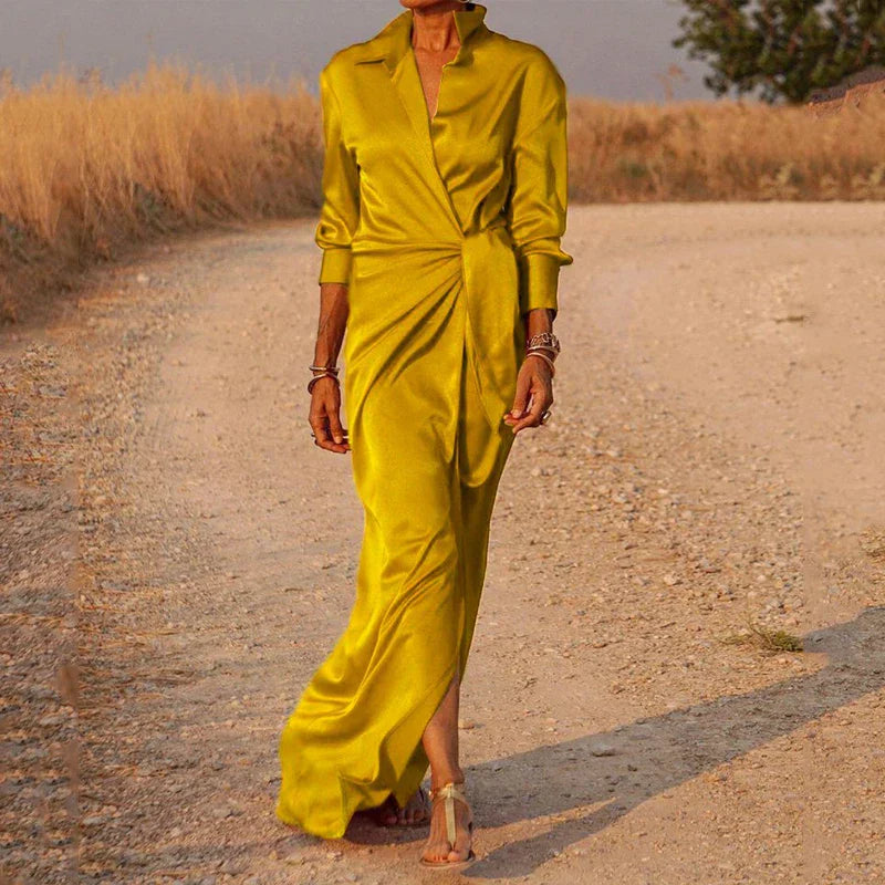 Women's Satin Wrap Maxi Dress with Long Sleeves