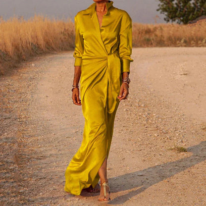 Women's Satin Wrap Maxi Dress with Long Sleeves