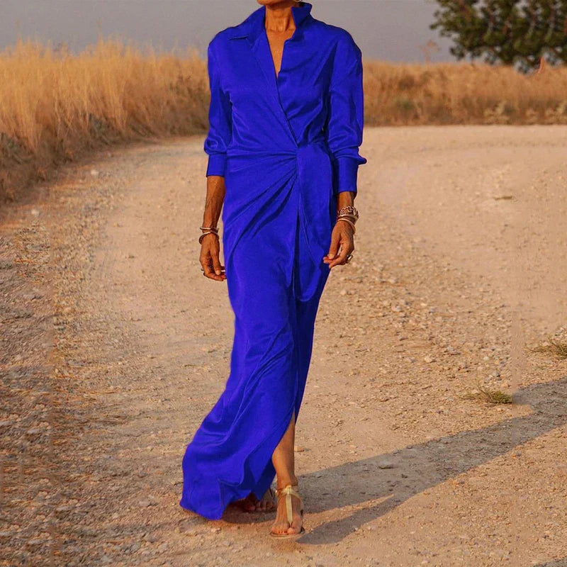 Women's Satin Wrap Maxi Dress with Long Sleeves