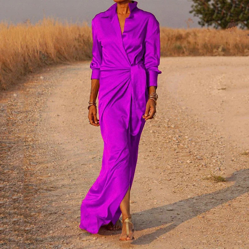 Women's Satin Wrap Maxi Dress with Long Sleeves