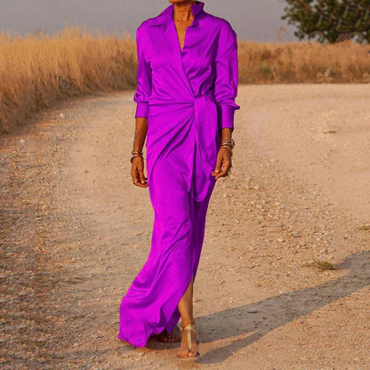 Women's Satin Wrap Maxi Dress with Long Sleeves