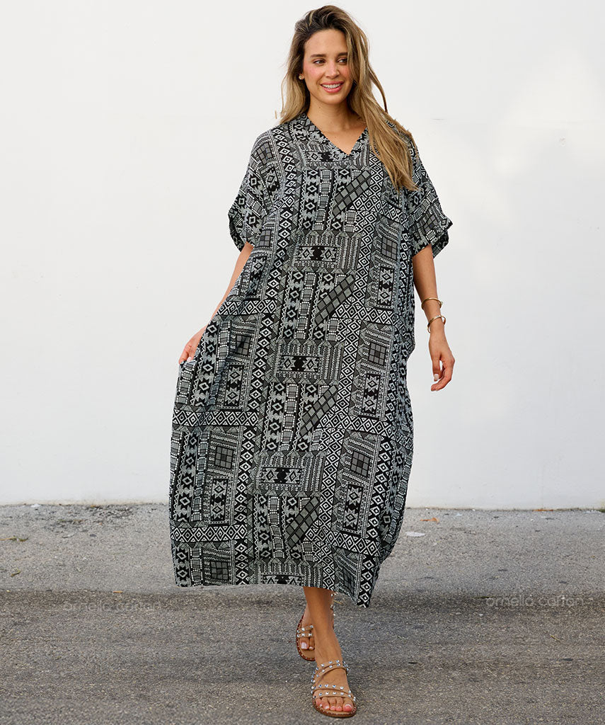 Women's Geometric Print Kaftan Maxi Dress with V Neck