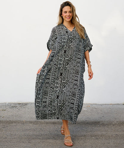 Women's Geometric Print Kaftan Maxi Dress with V Neck