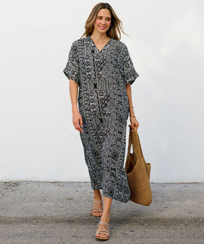 Women's Geometric Print Kaftan Maxi Dress with V Neck
