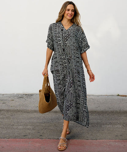 Women's Geometric Print Kaftan Maxi Dress with V Neck