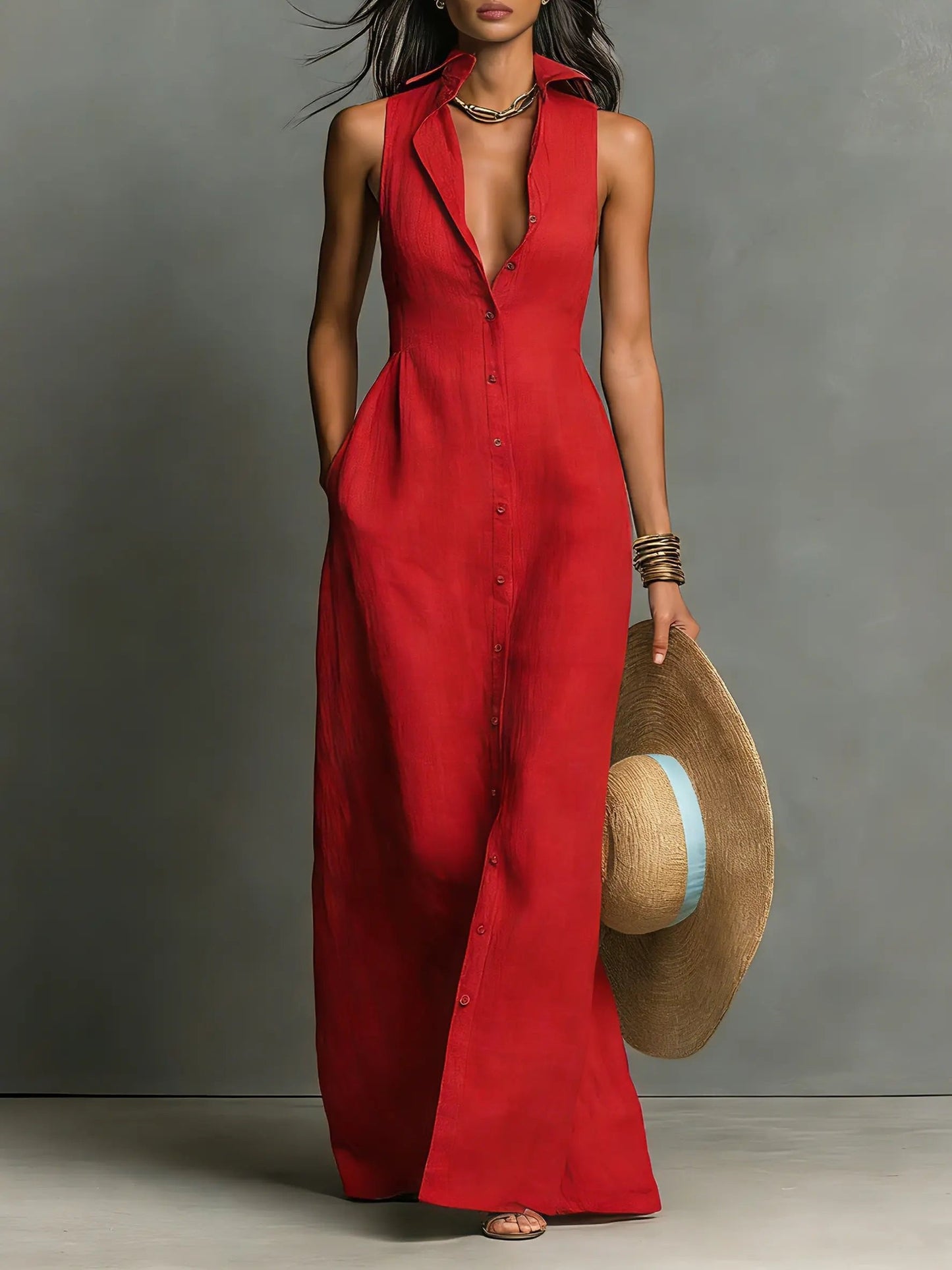 Elegant Sleeveless Maxi Shirt Dress for Women 0
