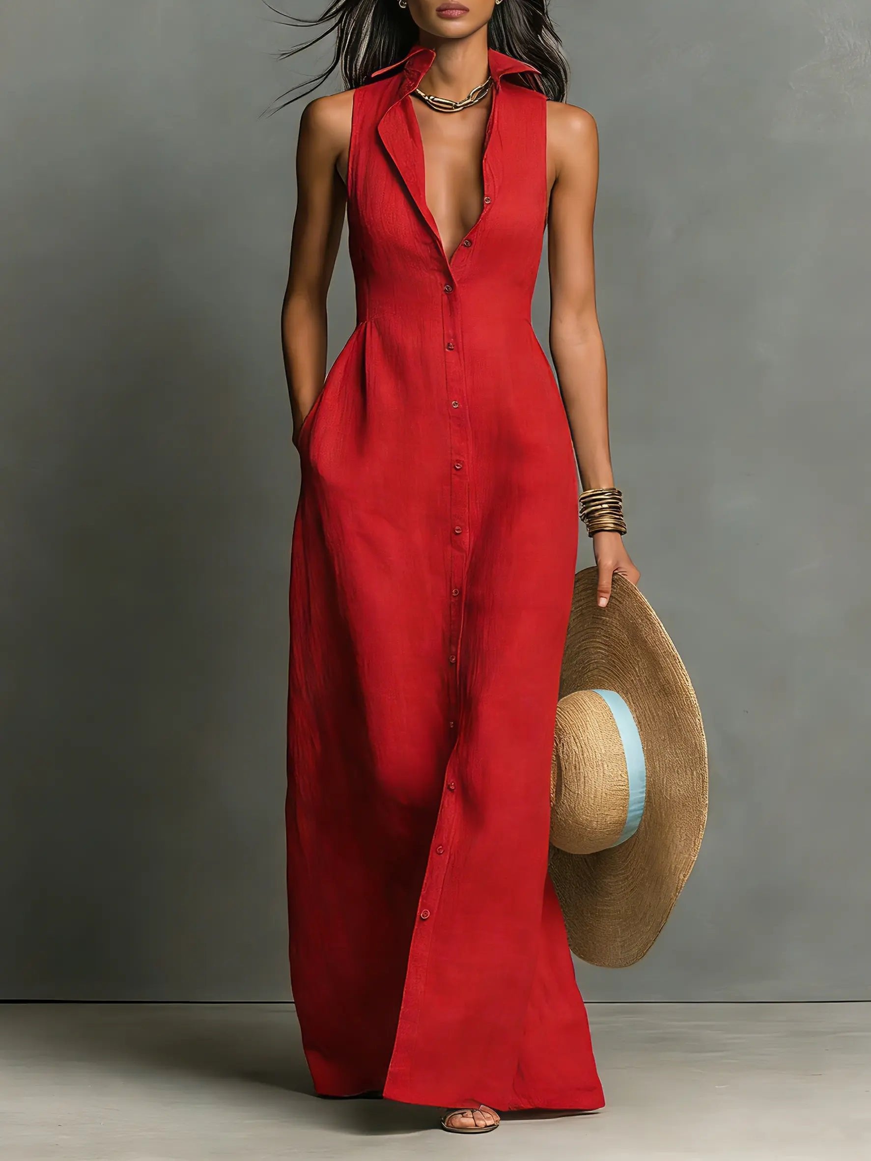 Elegant Sleeveless Maxi Shirt Dress for Women 0