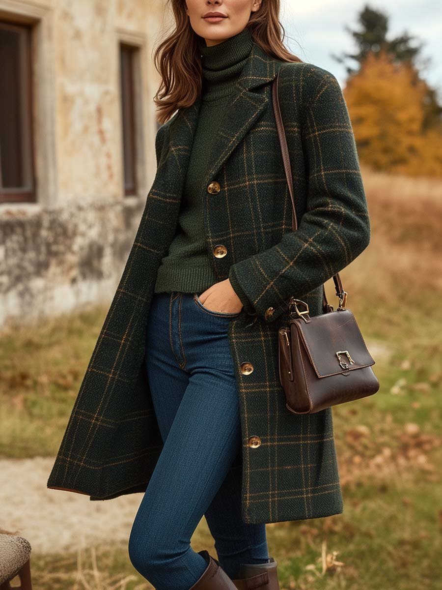 Elegant Women's Wool Check Winter Coat – Long Buttoned Outerwear 0
