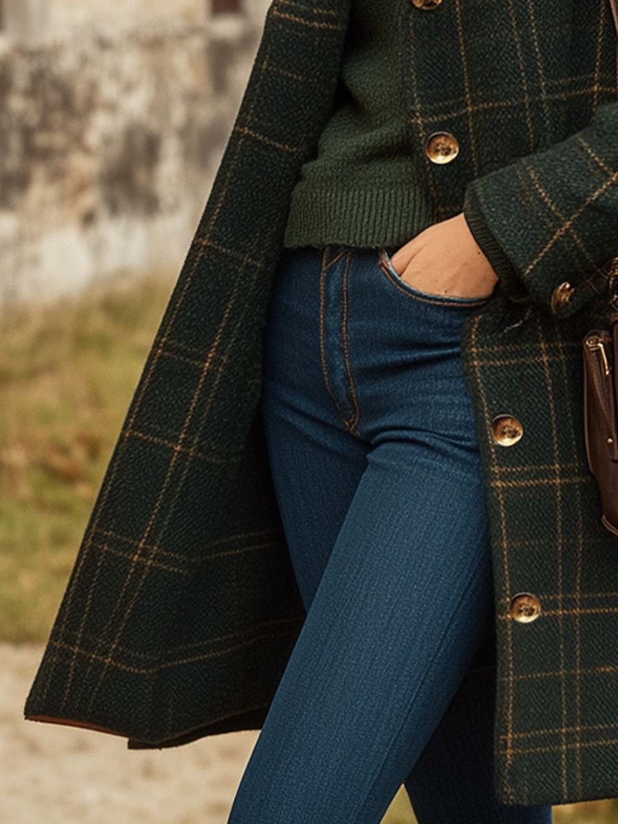 Elegant Women's Wool Check Winter Coat – Long Buttoned Outerwear 2