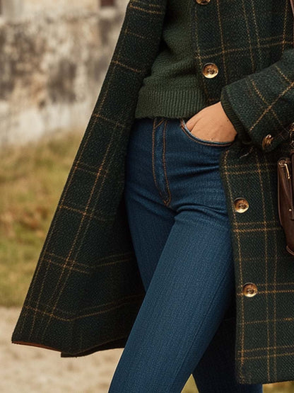 Elegant Women's Wool Check Winter Coat – Long Buttoned Outerwear 2