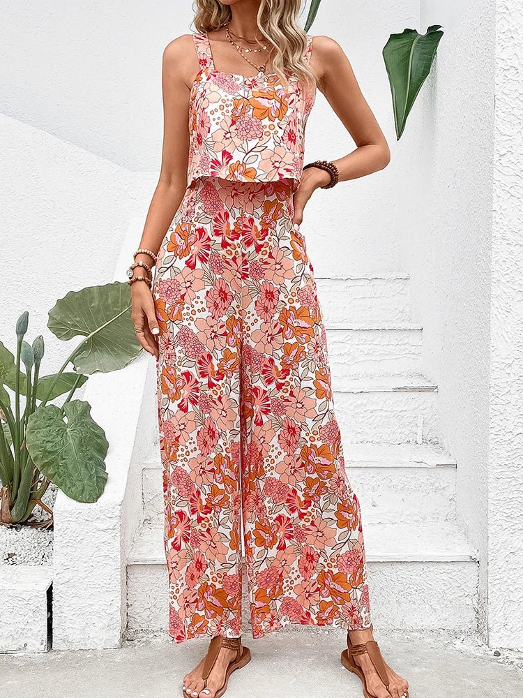 Women's Wide Leg Floral Jumpsuit with Open Back