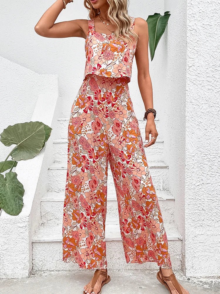 Women's Wide Leg Floral Jumpsuit with Open Back