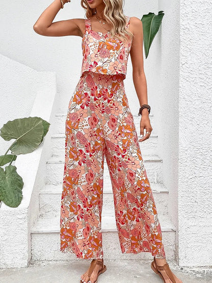 Women's Wide Leg Floral Jumpsuit with Open Back
