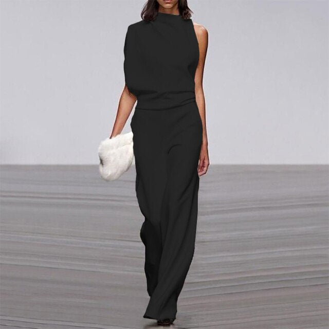 Women's Sleeveless Wide Leg Jumpsuit with High Neck