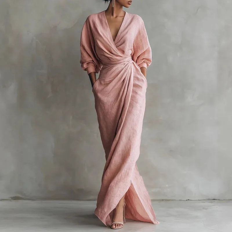 Elowen V Neck Wrap Waist Long Dress 0