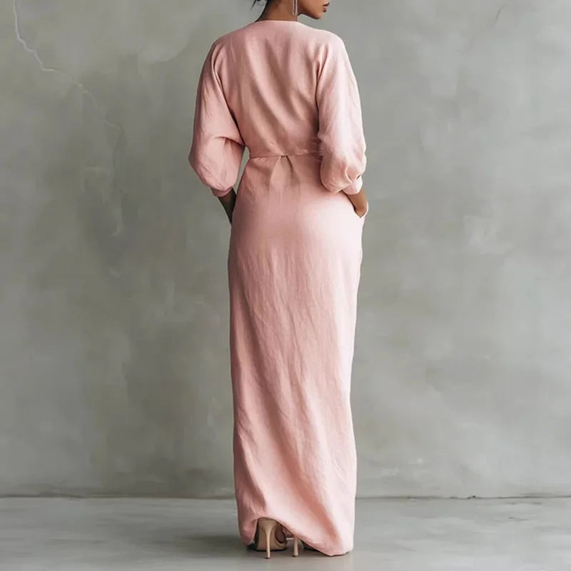 Elowen V Neck Wrap Waist Long Dress 1