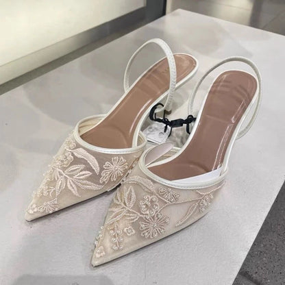 Embroidered Mesh Kitten Heel Slingbacks with Pointed Toe for Women 1