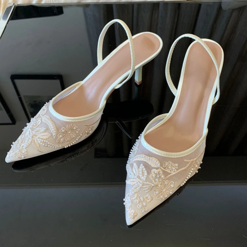 Embroidered Mesh Kitten Heel Slingbacks with Pointed Toe for Women 3