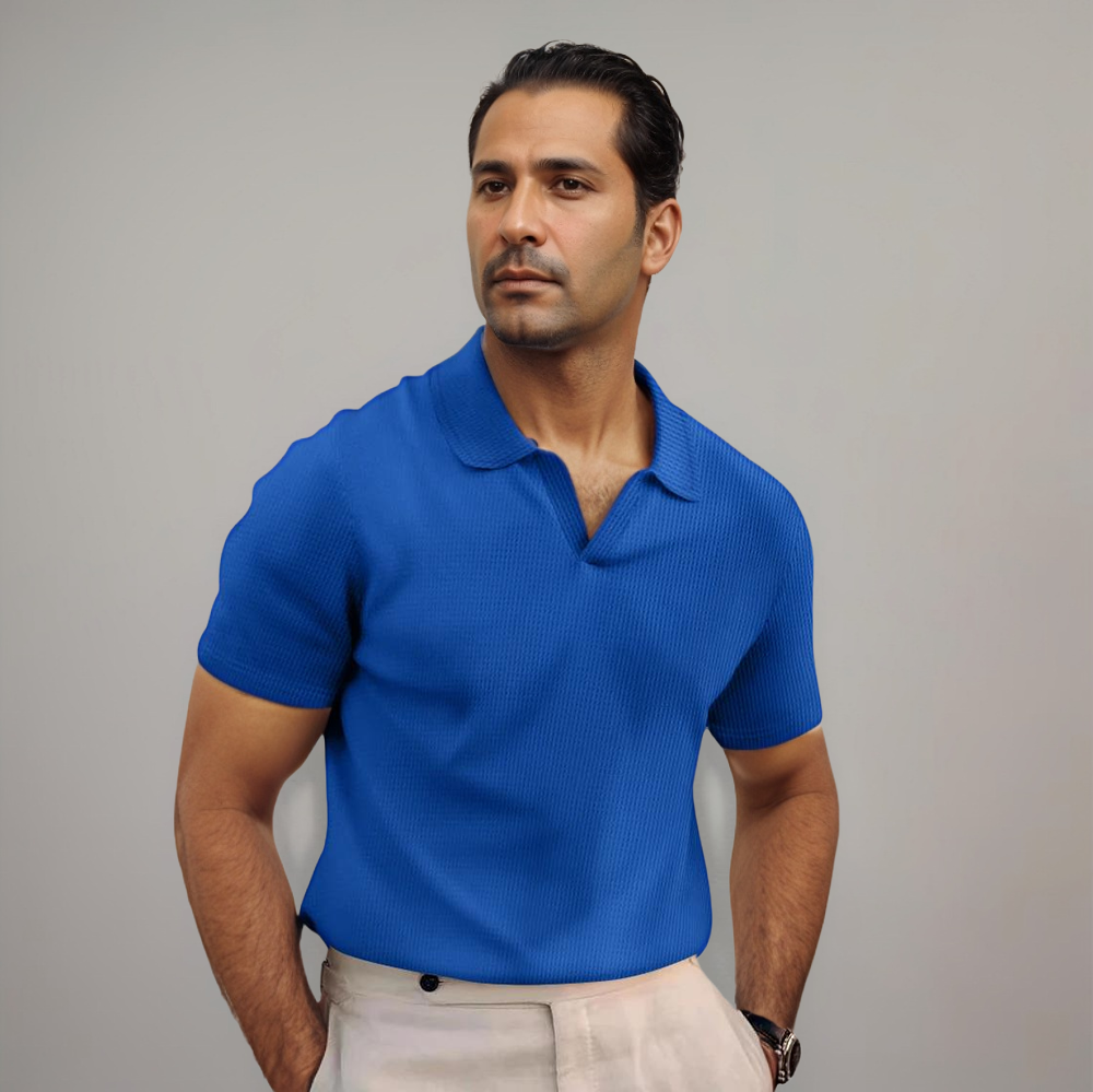 Men's Fine Knit Polo Shirt with Open Collar and Short Sleeves