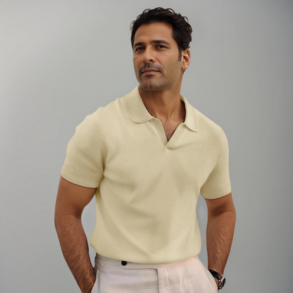 Men's Fine Knit Polo Shirt with Open Collar and Short Sleeves