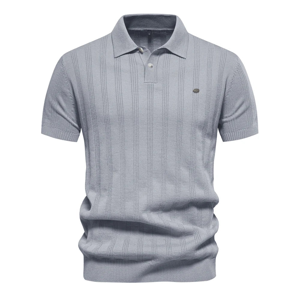 Men's Short Sleeve Knitted Polo Shirt with Vertical Texture