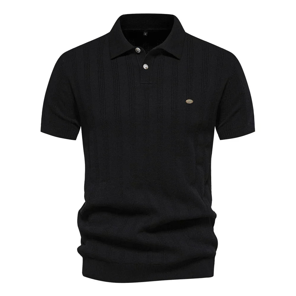 Men's Short Sleeve Knitted Polo Shirt with Vertical Texture