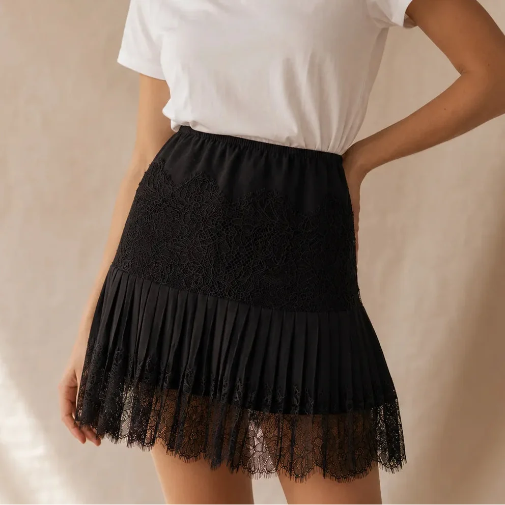 Women's Pleated Mini Skirt – Lace Trim, Elasticised Waistband