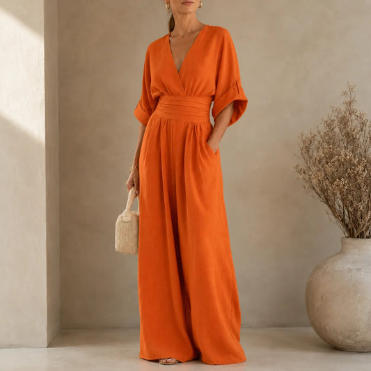 Women's Wide-Leg Jumpsuit – V-Neck, Pleated Waist, Elbow Sleeve