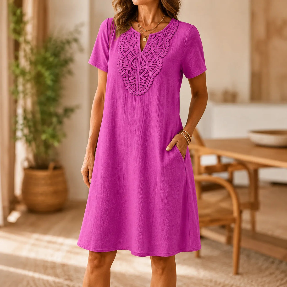 Women's A-Line Midi Dress – Lace Bib, Split Notch Neck, Pockets