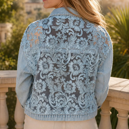 Women's Denim Jacket – Floral Lace, Sheer Embroidery, Relaxed Fit