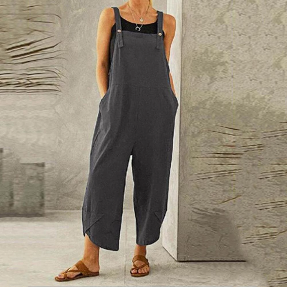 Women's Wide Leg Linen Jumpsuit with Button Straps