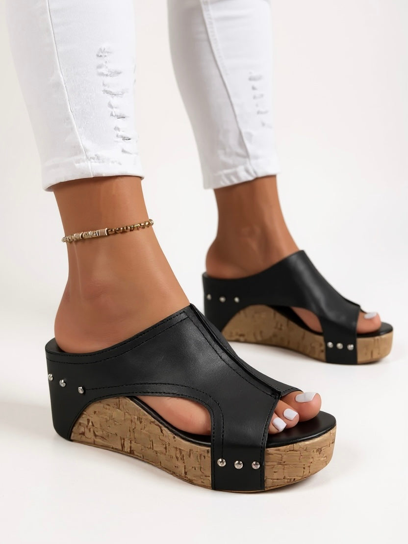 Women's Wedge Slide Sandals with Cork Sole and Studs