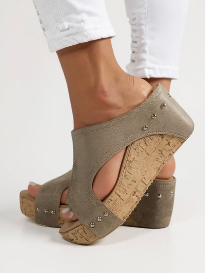 Women's Wedge Slide Sandals with Cork Sole and Studs