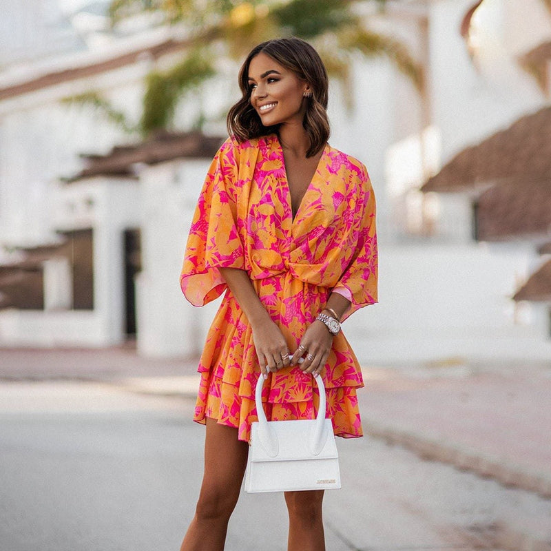 Women's Floral Mini Dress with V Neck and Tiered Skirt