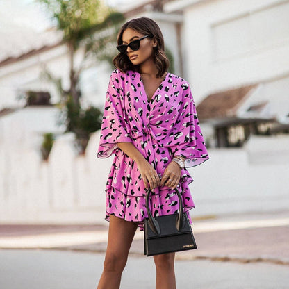 Women's Floral Mini Dress with V Neck and Tiered Skirt