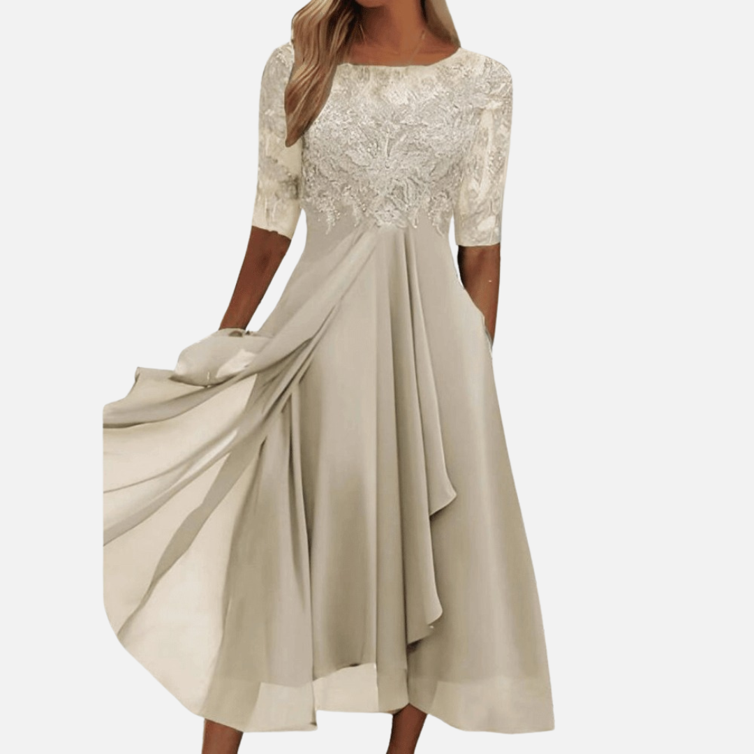 Vestido midi de encaje y gasa formal para mujer | Elegante para invitada de boda